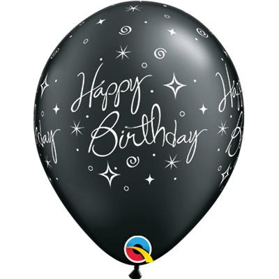 12" Black Latex Balloon Happy Birthday - Elegant Sparkles & Swirls, Helium Inflated from Balloon Expert