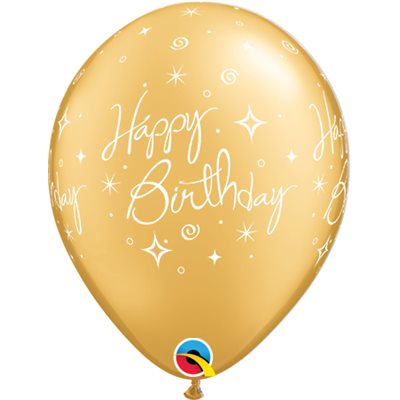 12" Gold Latex Balloon Happy Birthday - Elegant Sparkles & Swirls, Helium Inflated from Balloon Expert