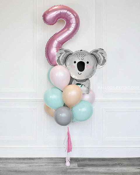 Koala Number Balloon Bouquet - Mint Pink Blush And Grey Girls Birthday