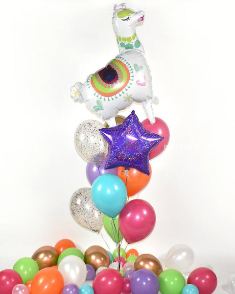 Llama Confetti Balloon Bouquet - Fuchsia Purple Turquoise Orange Pink Girls Birthday