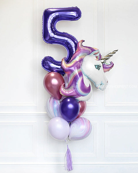 Magical Unicorn Number Balloon Bouquet - Purple Lilac And Pink Girls Birthday