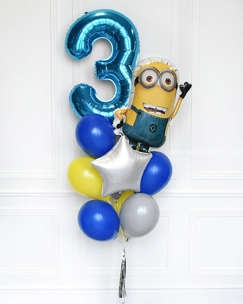 Minions Despicable Me Number Balloon Bouquet - Blue Yellow And Grey Boys Birthday