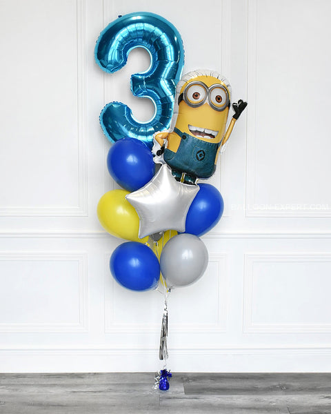 Minions Despicable Me Number Balloon Bouquet - Blue Yellow And Grey Boys Birthday