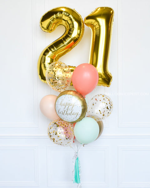 Mint, Coral, Blush, and Gold - Custom Age Birthday Confetti Balloon Bouquet