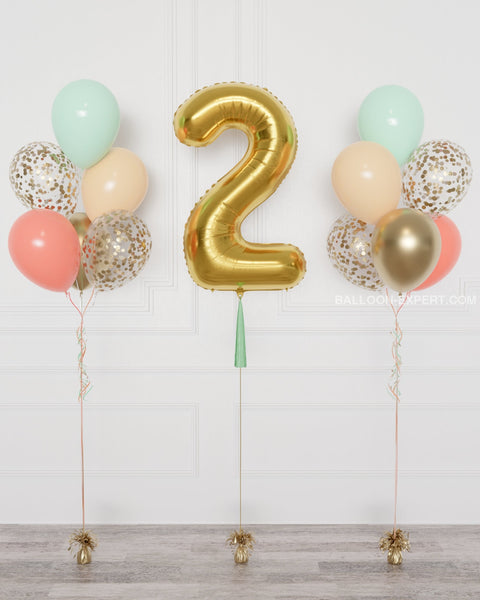 Mint, Coral, Blush, and Gold Number Balloon and Confetti Balloon Bouquets Set from Balloon Expert