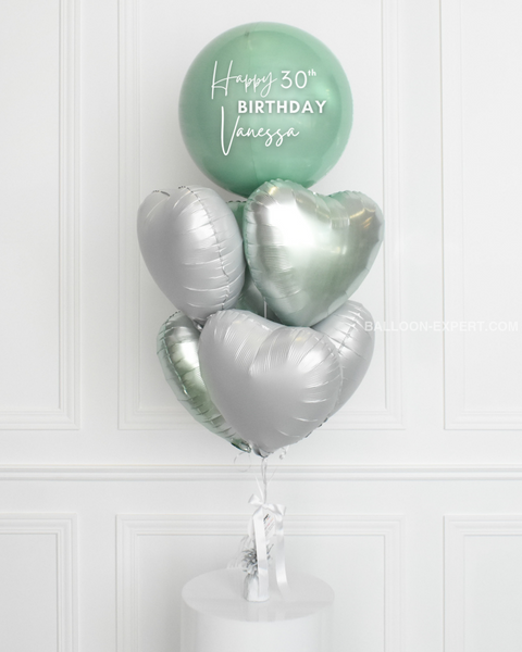 Mint and White - Personalized Orbz and Heart Balloon Bouquet, helium inflated