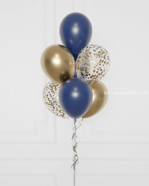 Navy Blue and Gold Confetti Balloon Bouquet, 7 Balloons from Balloon Expert, zoom in image