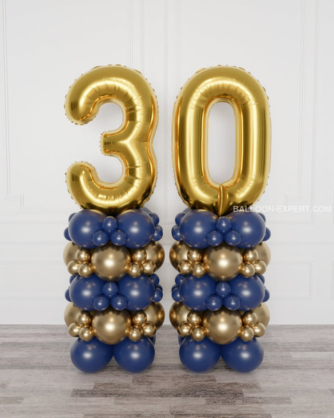 Navy Blue and Gold Double Number Balloon Columns from Balloon Expert