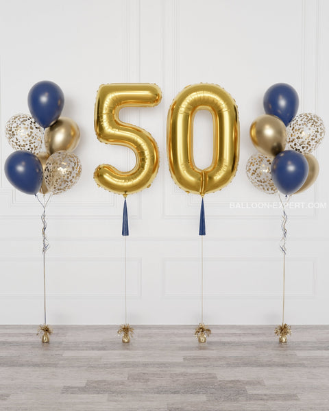 Navy Blue and Gold Double Number Balloons and Confetti Balloon Bouquets Set from Balloon Expert