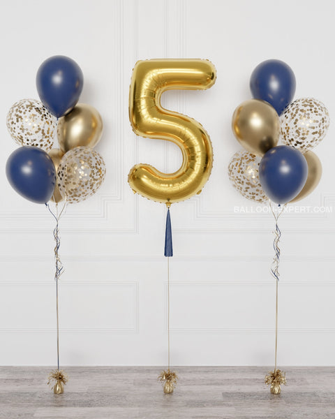 Navy Blue and Gold Number Balloon and Confetti Balloon Bouquets Set from Balloon Expert