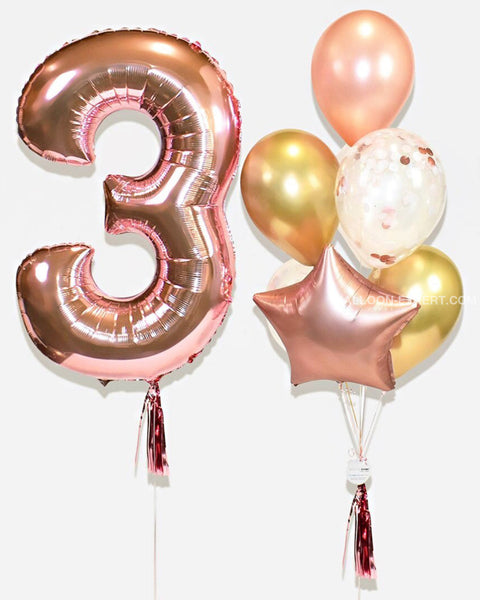 Rose Gold and Gold - Number Balloon with Confetti Balloon Bouquet