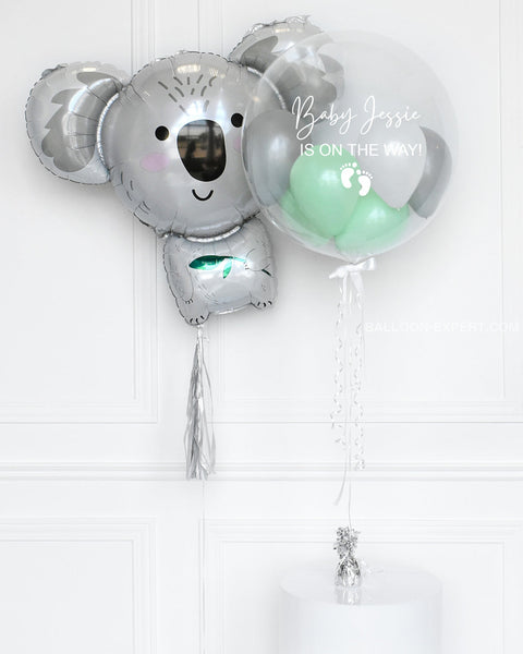 Baby Koala - Mint, White, and Grey Personalized Bubble Balloon and Supershape Balloon, helium inflated from balloon expert