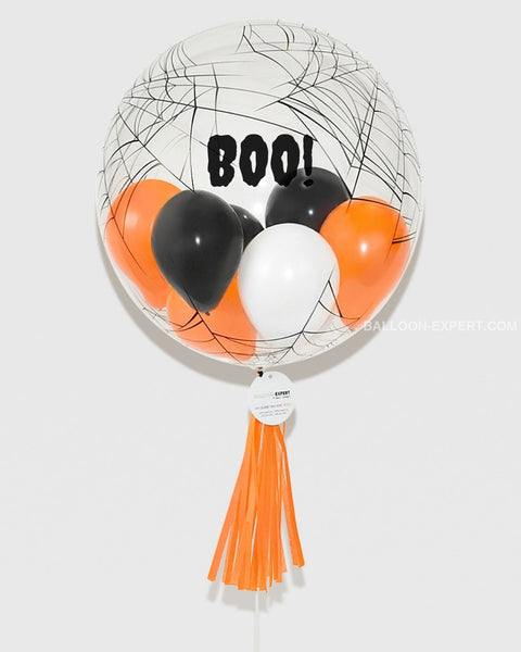Halloween - Orange, Black, and White Personalized Bubble Balloon Filled with Balloons, helium inflated from balloon expert. closer image