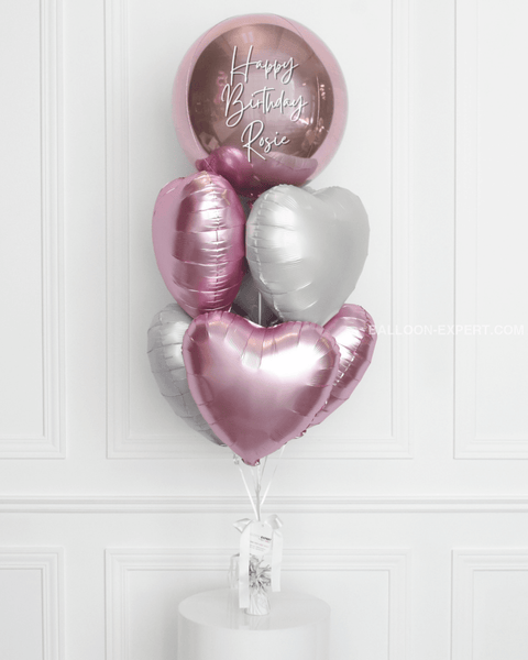 Pink and White - Personalized Orbz and Heart Balloon Bouquet, helium inflated from balloon expert