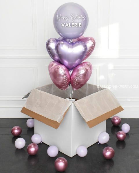 Lilac and Pink - Personalized Orbz and Heart Balloon Bouquet Surprise Box, helium balloons