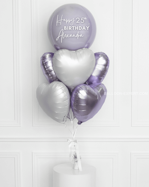 Lilac and White - Personalized Orbz and Heart Balloon Bouquet, helium balloons from balloon expert