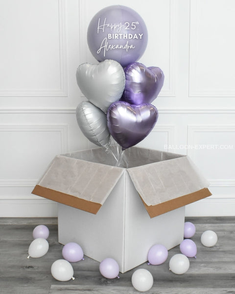 Lilac and White - Personalized Orbz and Heart Balloon Bouquet Surprise Box, helium inflated