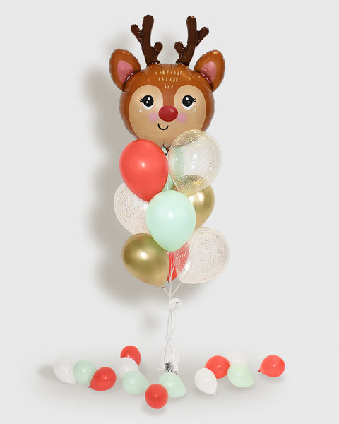 Bouquet de ballons confettis Renne de Noël - menthe, rouge, or, blanc
