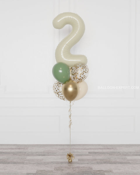 Sage Green, Ivory, Gold Number Confetti Balloon Bouquet, 7 Balloons from Balloon Expert