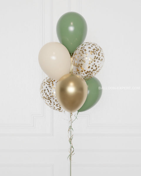Sage Green, Ivory, and Gold Confetti Balloon Bouquet, 7 Balloons from Balloon Expert, zoom in image