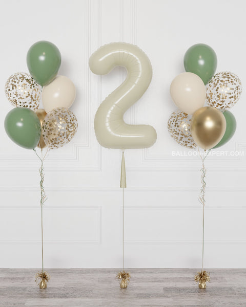 Sage Green, Ivory, and Gold Number Balloon and Confetti Balloon Bouquet from Balloon Expert