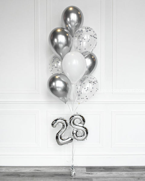 Silver And White - Confetti Balloon Bouquet With 16 Number