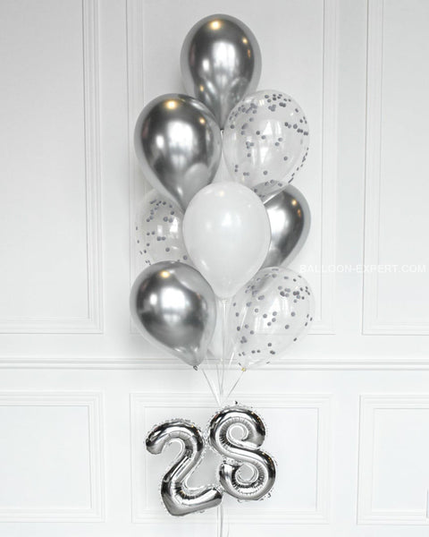 Silver And White - Confetti Balloon Bouquet With 16 Number