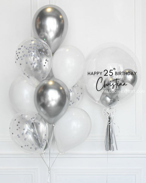 Silver And White - Confetti Balloon Bouquet Personalized Bubble