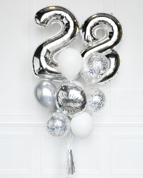 Silver and White - Custom Age Birthday Confetti Balloon Bouquet