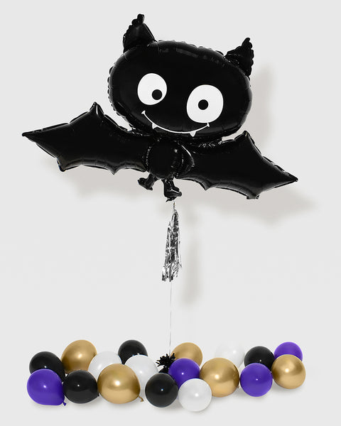 Ballon en aluminium en forme de chauve-souris souriante avec pompon argenté