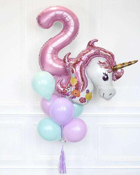 Unicorn Number Balloon Bouquet - Pink Mint And Lilac Girls Birthday