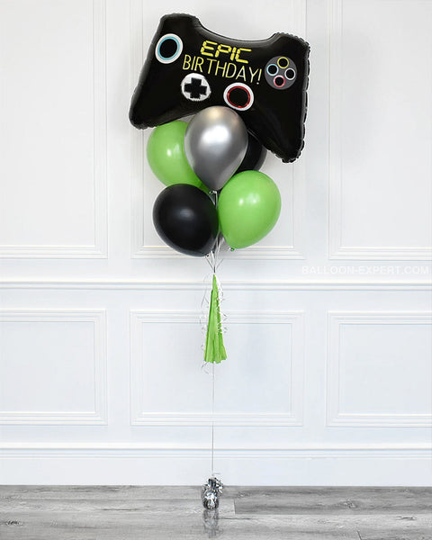 Video Game Balloon Bouquet - Green Black Chrome Silver Boys Birthday
