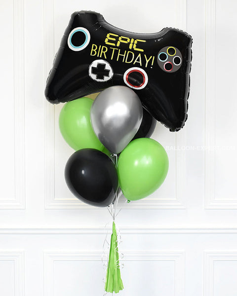 Video Game Balloon Bouquet - Green Black Chrome Silver Boys Birthday
