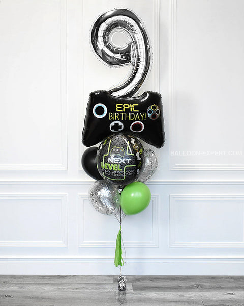 Video Game Number Confetti Balloon Bouquet - Lime Green Black Chrome Silver Boys Birthday