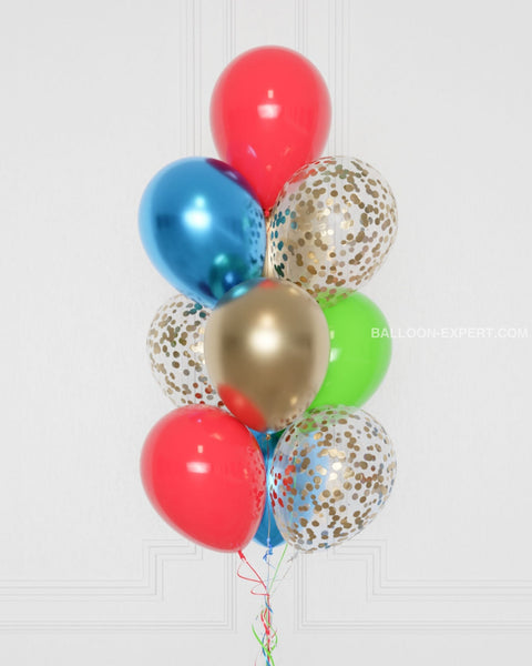 Avengers Confetti Balloon Bouquet, 10 Balloons, close up image, sold by Balloon Expert
