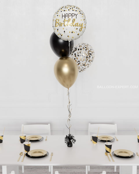 Black, Gold, and White - Happy Birthday Confetti Foil Balloon Bouquet, 4 Balloons from Balloon Expert