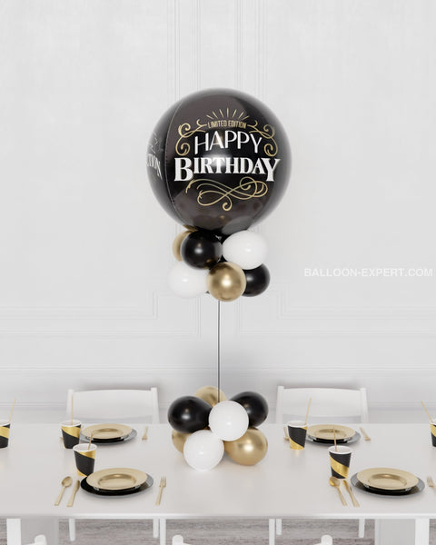 Black, Gold, and White Happy Birthday Better with Age Orbz Balloon Centerpiece from Balloon Expert