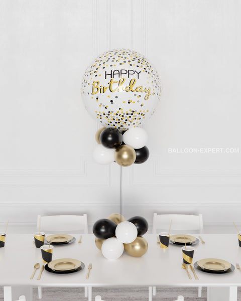 Black, Gold, and White Happy Birthday Sparkling Orbz Balloon Centerpiece from Balloon Expert
