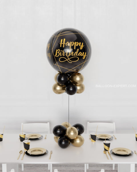 Black and Gold Elegant Happy Birthday Orbz Balloon Centerpiece from Balloon Expert
