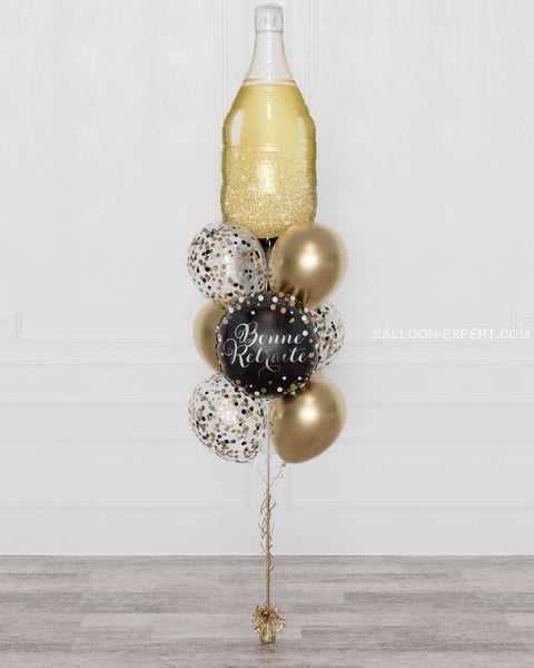Black and Gold - Retirement Champagne Confetti Balloon Bouquet, 10 Balloons, sold by Balloon Expert