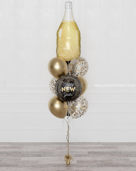 New Year Champagne Balloon Bouquet, 10 Balloons, in Black and Gold, sold by Balloon Expert