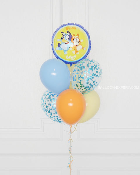 Bluey Blue Foil Confetti Balloon Bouquet,  7 balloons, Close up image