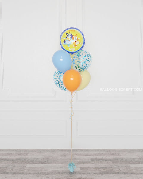Bluey Blue Foil Confetti Balloon Bouquet,  7 balloons, full image