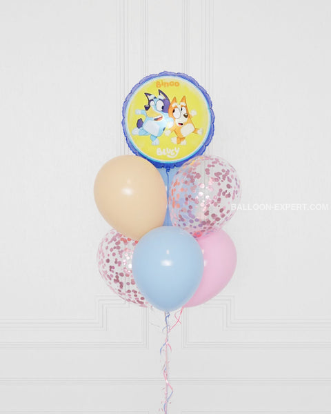 Bluey, Pink Foil Confetti Balloon Bouquet, 7 balloons, close up image