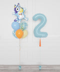 Bluey Supershape Confetti Balloon Bouquet and Blue Number Balloon