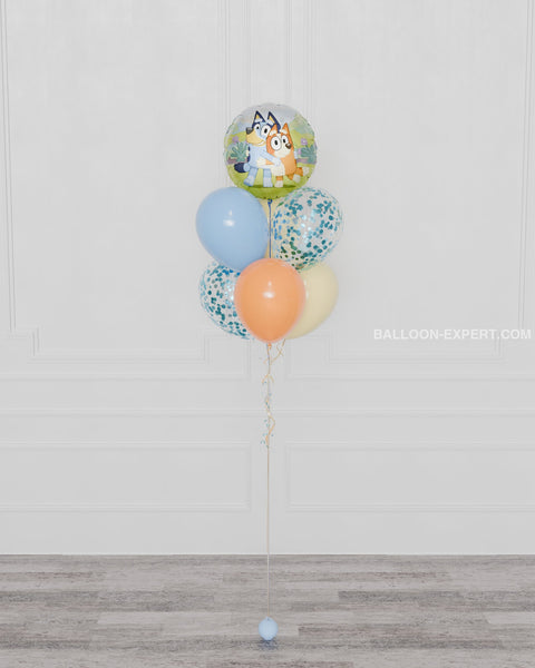 Bluey Blue Foil Confetti Balloon Bouquet, 7 balloons, full image