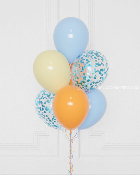 Bluey Confetti Balloon Bouquet, 7 Balloons, helium inflated, close-up image