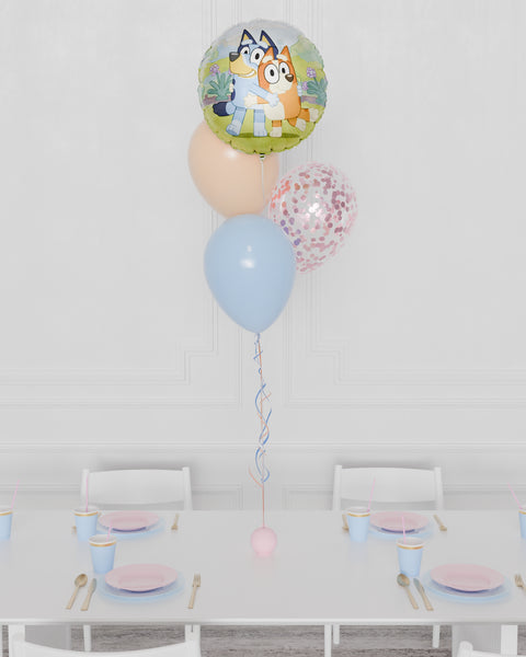 Bluey Pink Confetti Foil Balloon Bouquet, 4 Balloons, inflated with helium