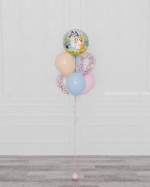 Bluey Pink Foil Confetti Balloon Bouquet, 7 balloons, full image