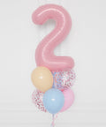 Bluey Pink Number Confetti Balloon Bouquet, 7 Balloons, close up, sold by Balloon Expert
